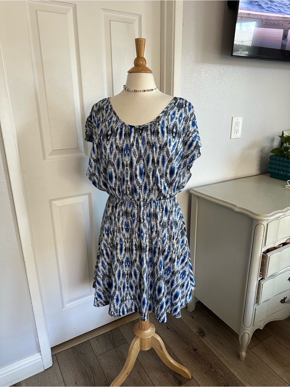 Bar III Blue and White Ikat Print Dress